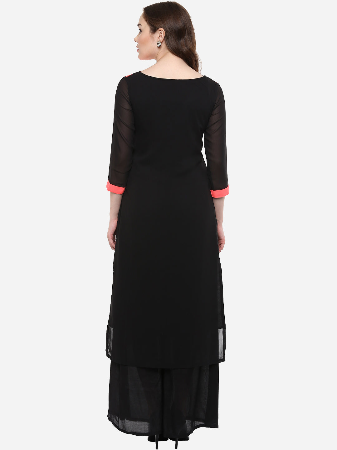 Women's Georgette Black and Neon PinkTassels Kurti