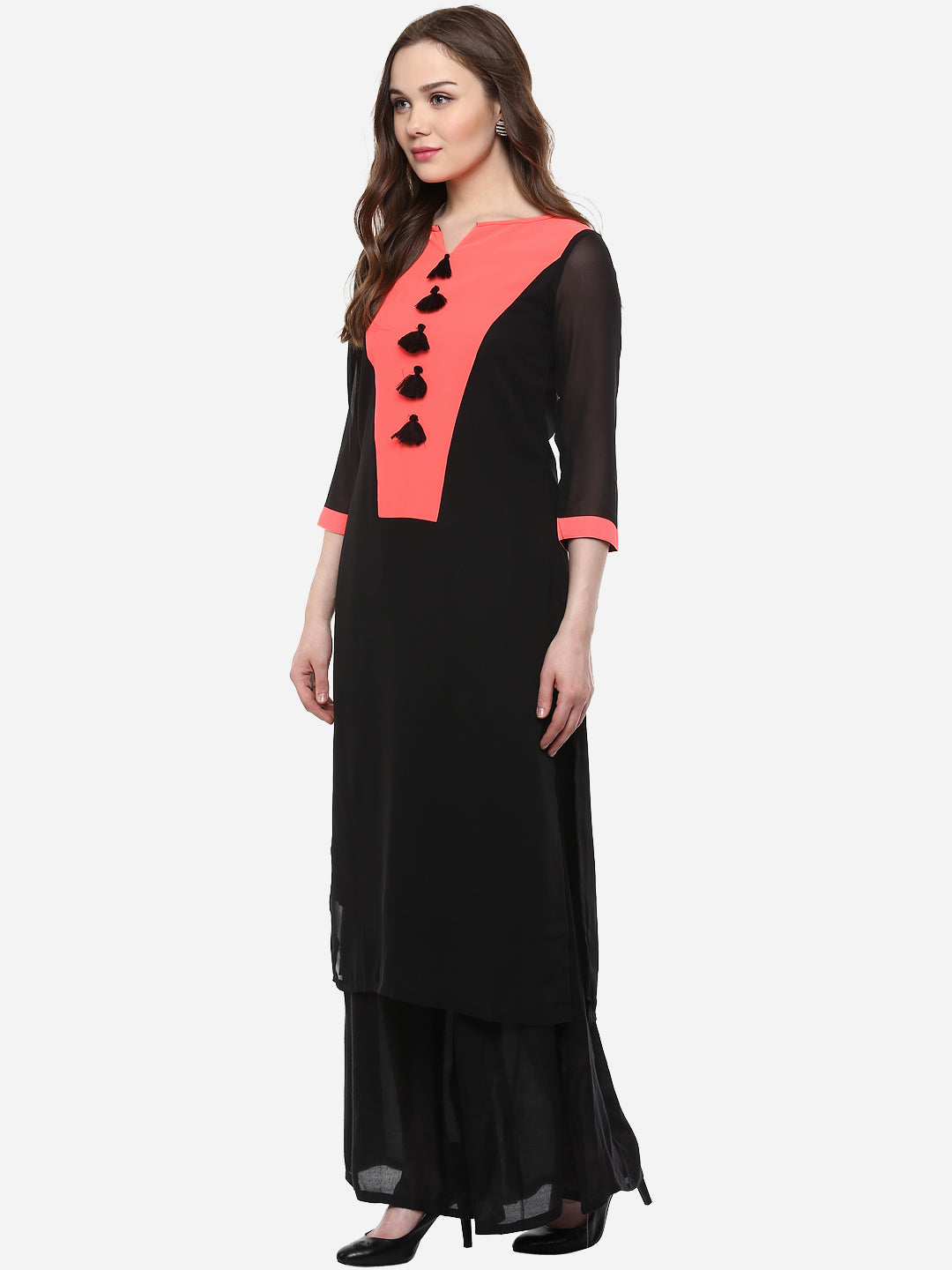 Women's Georgette Black and Neon PinkTassels Kurti