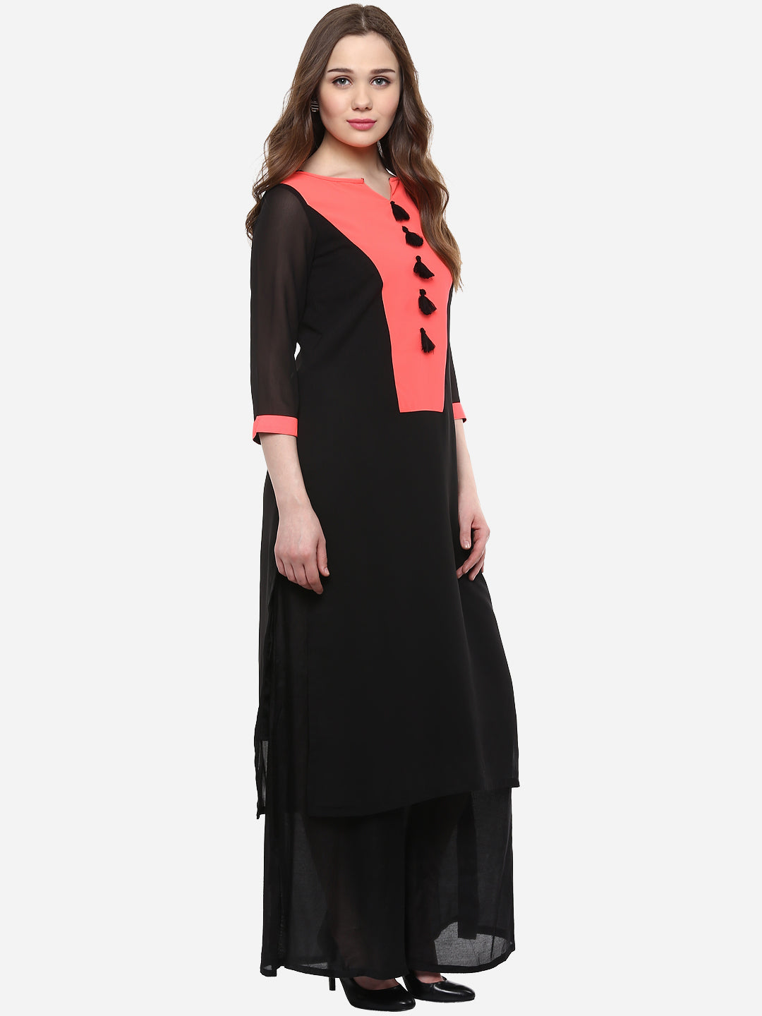Women's Georgette Black and Neon PinkTassels Kurti
