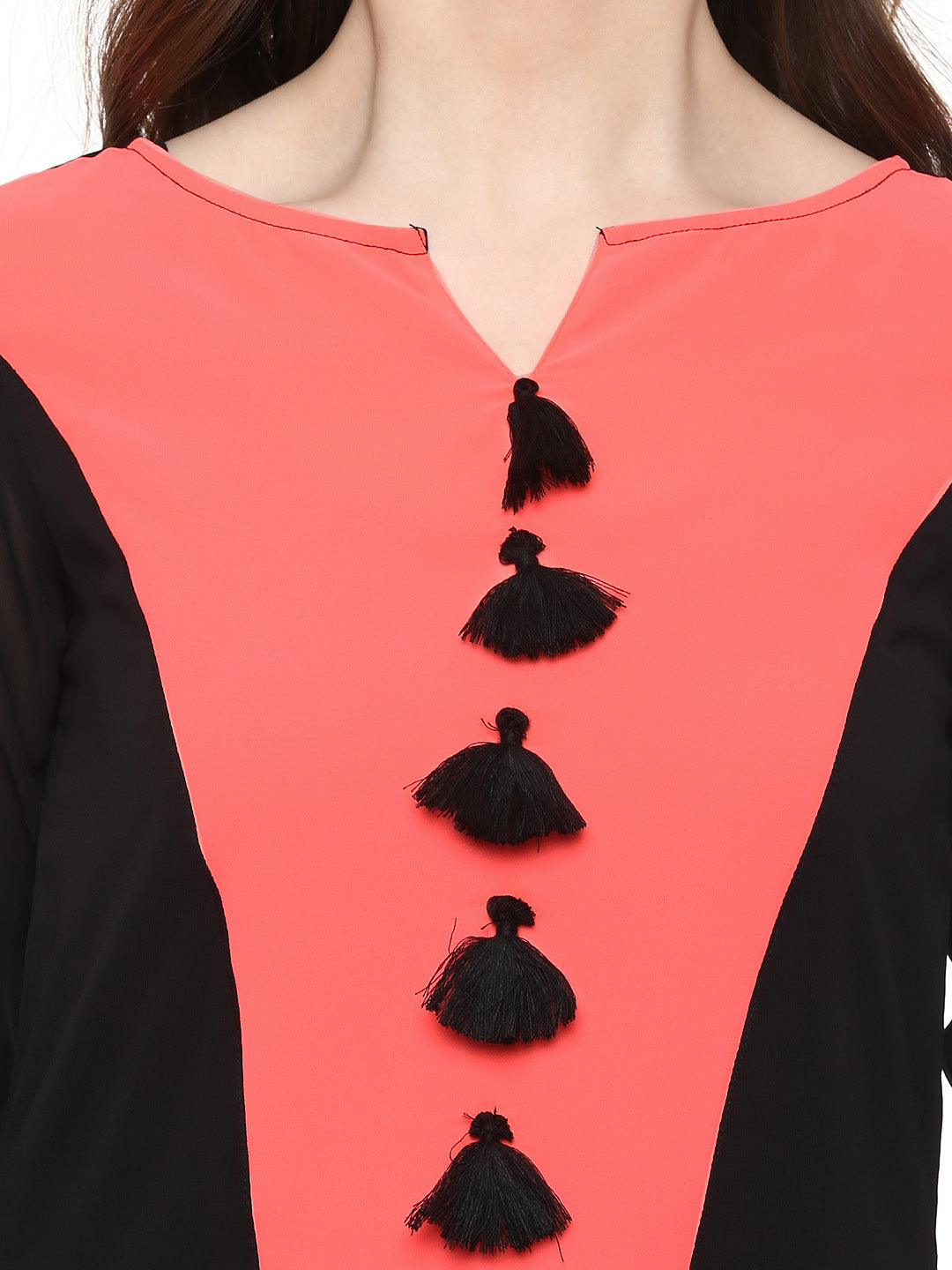 Women's Georgette Black and Neon PinkTassels Kurti