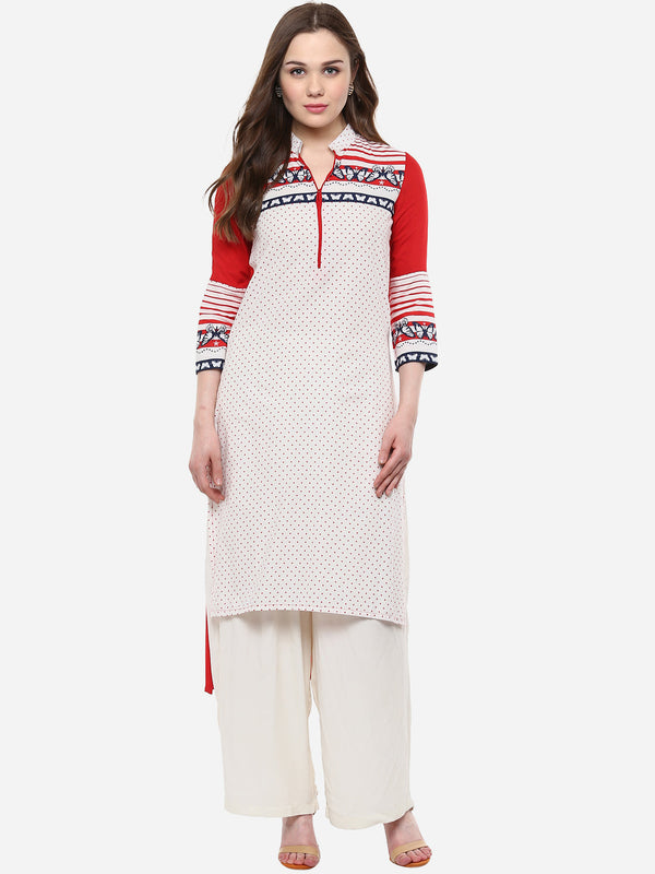 Women's Cotton Butterfly Print Red and White High Low Kurti
