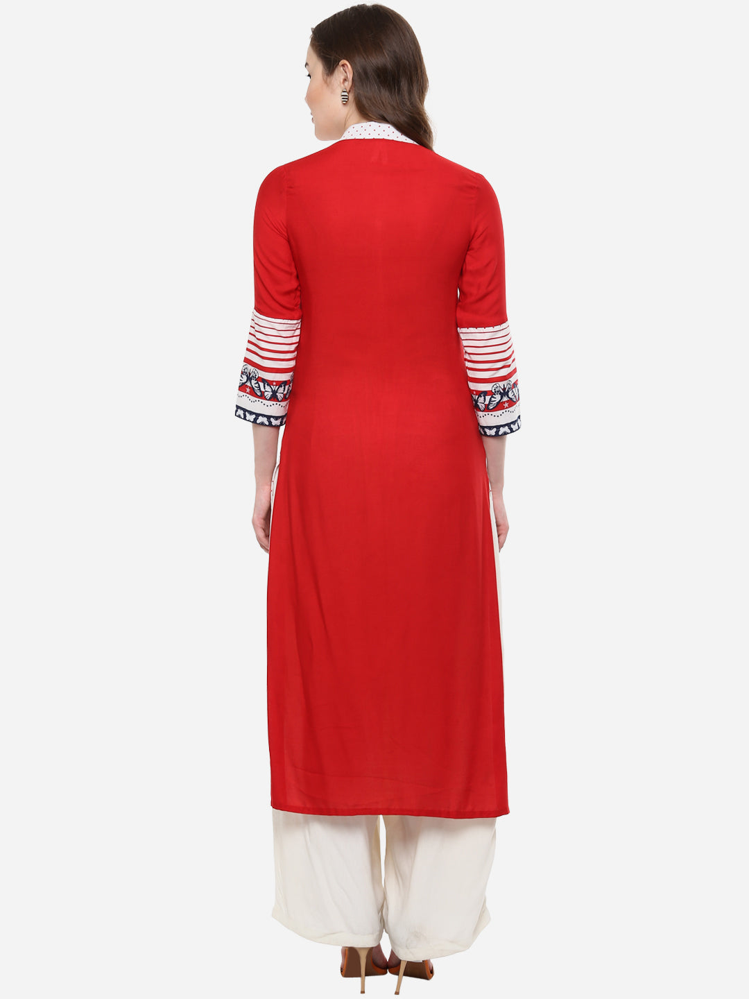 Women's Cotton Butterfly Print Red and White High Low Kurti