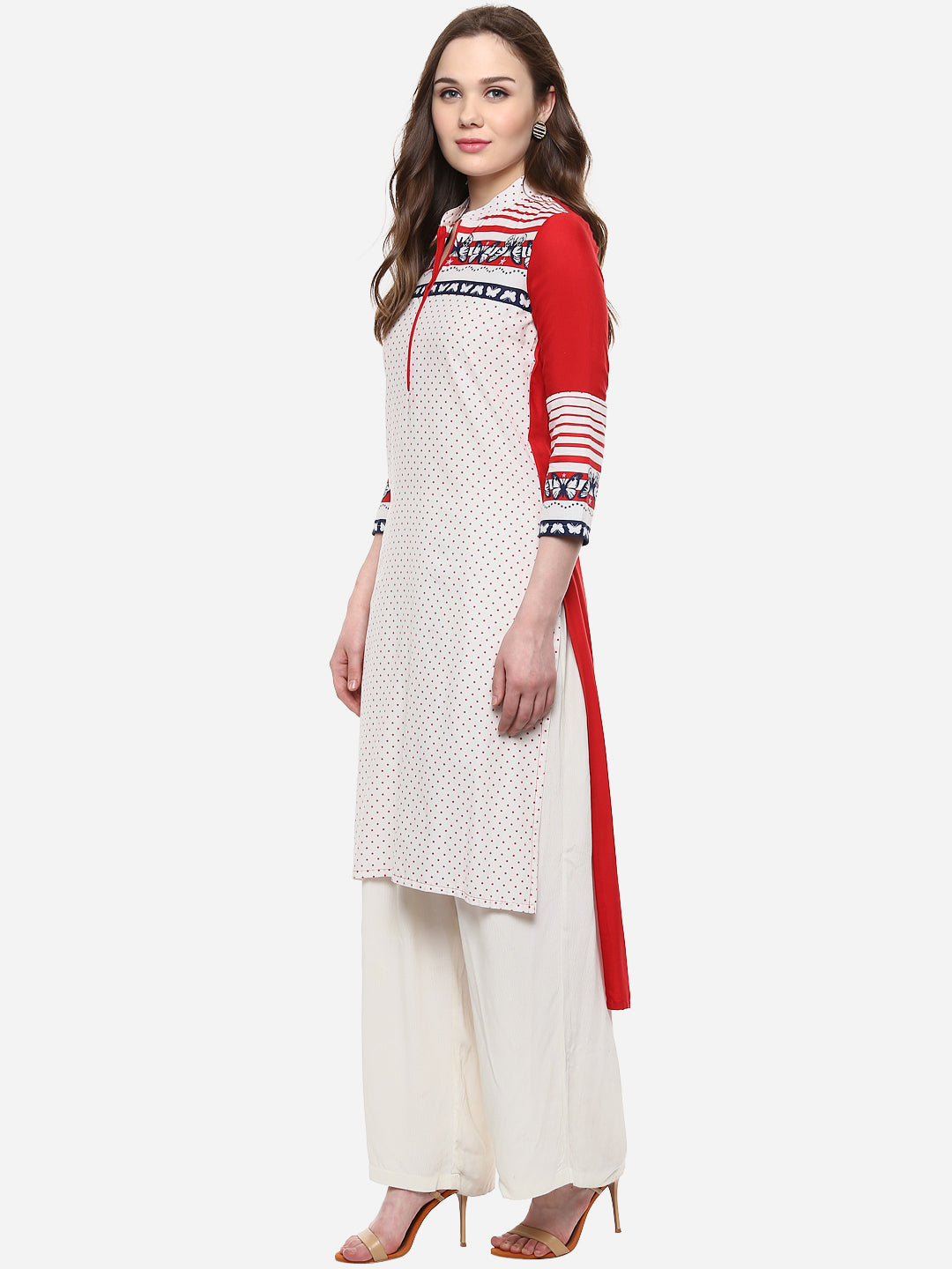 Women's Cotton Butterfly Print Red and White High Low Kurti
