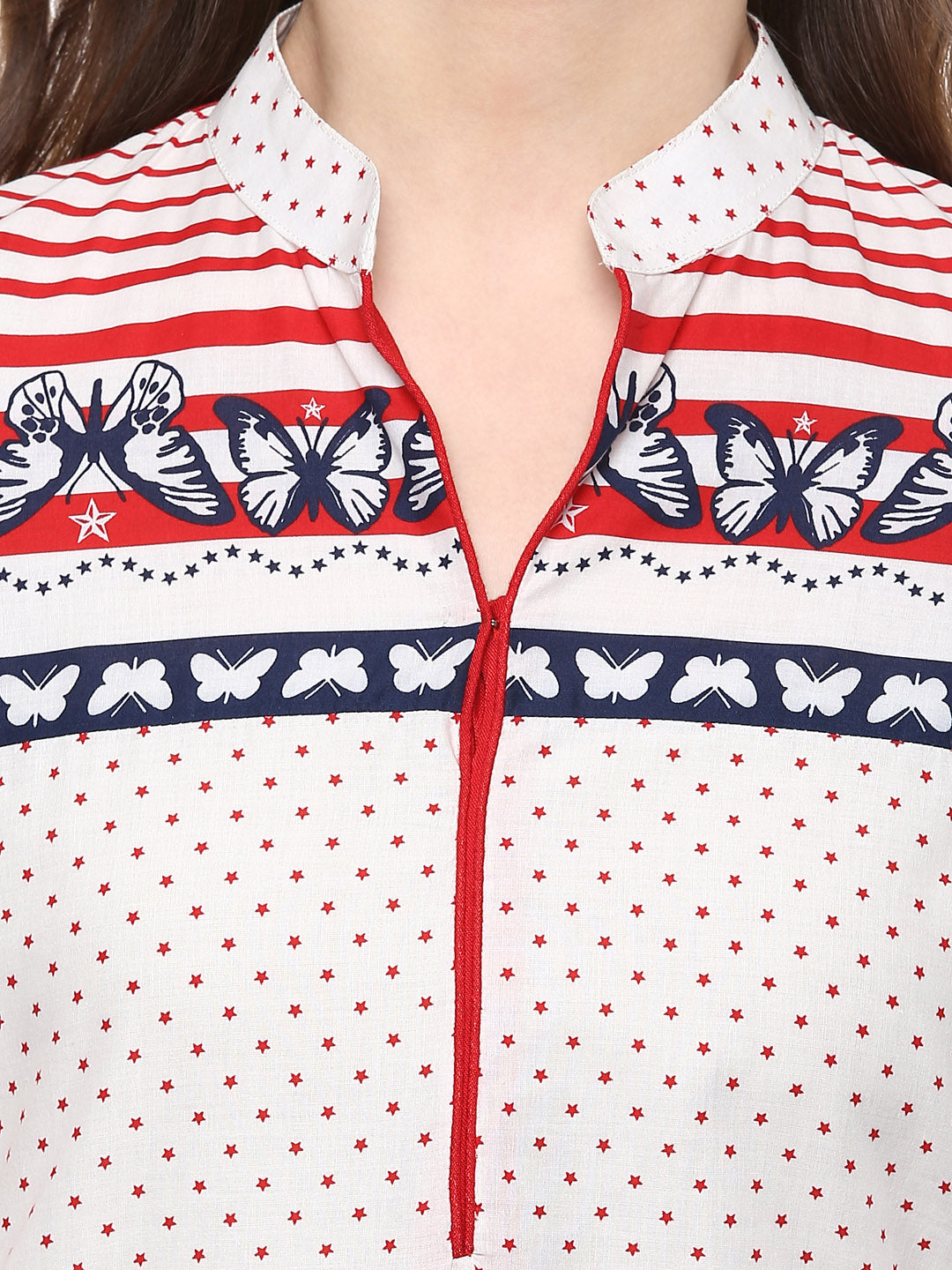 Women's Cotton Butterfly Print Red and White High Low Kurti