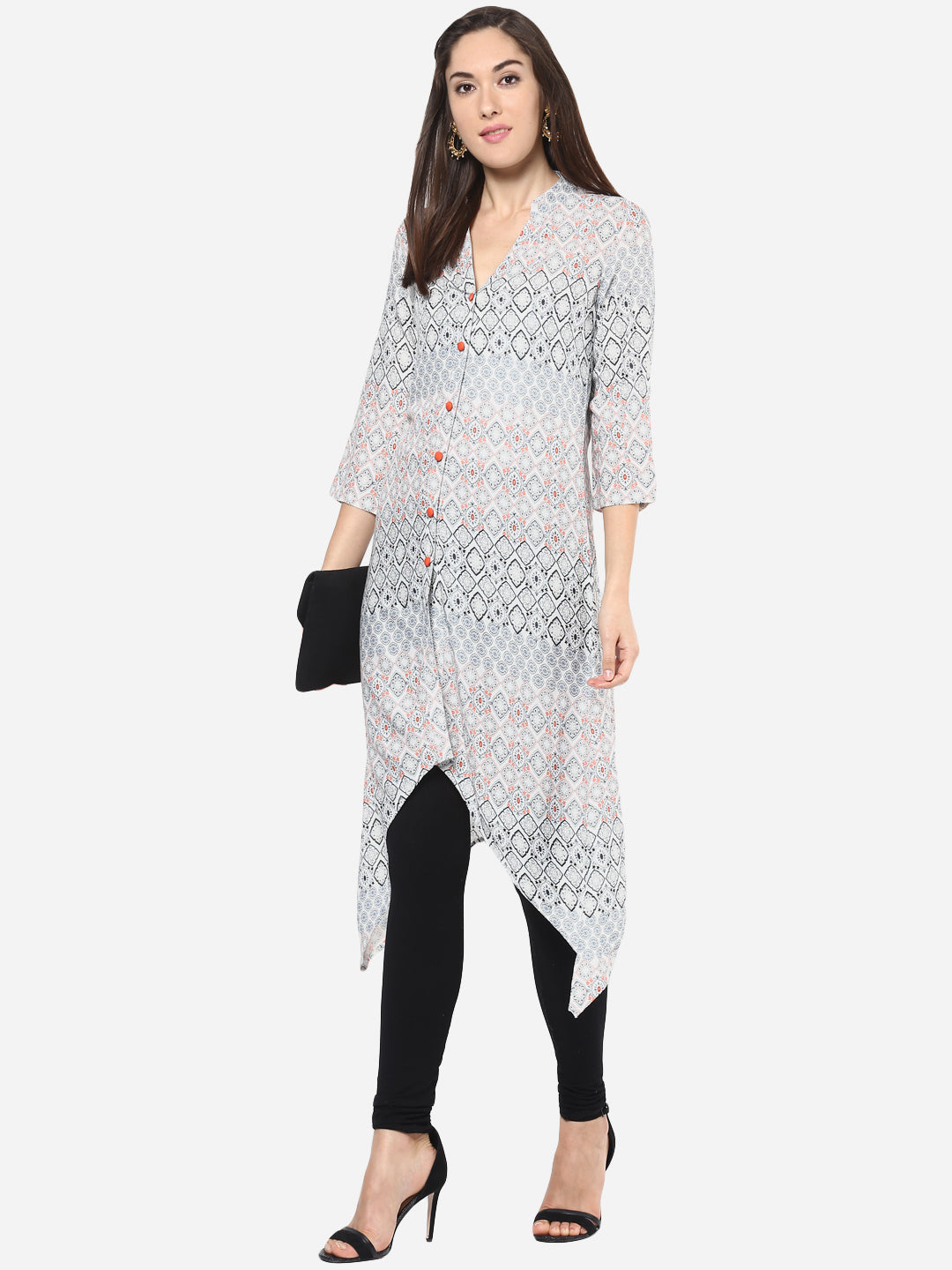 Women's Orange and Grey Front Button Kurti