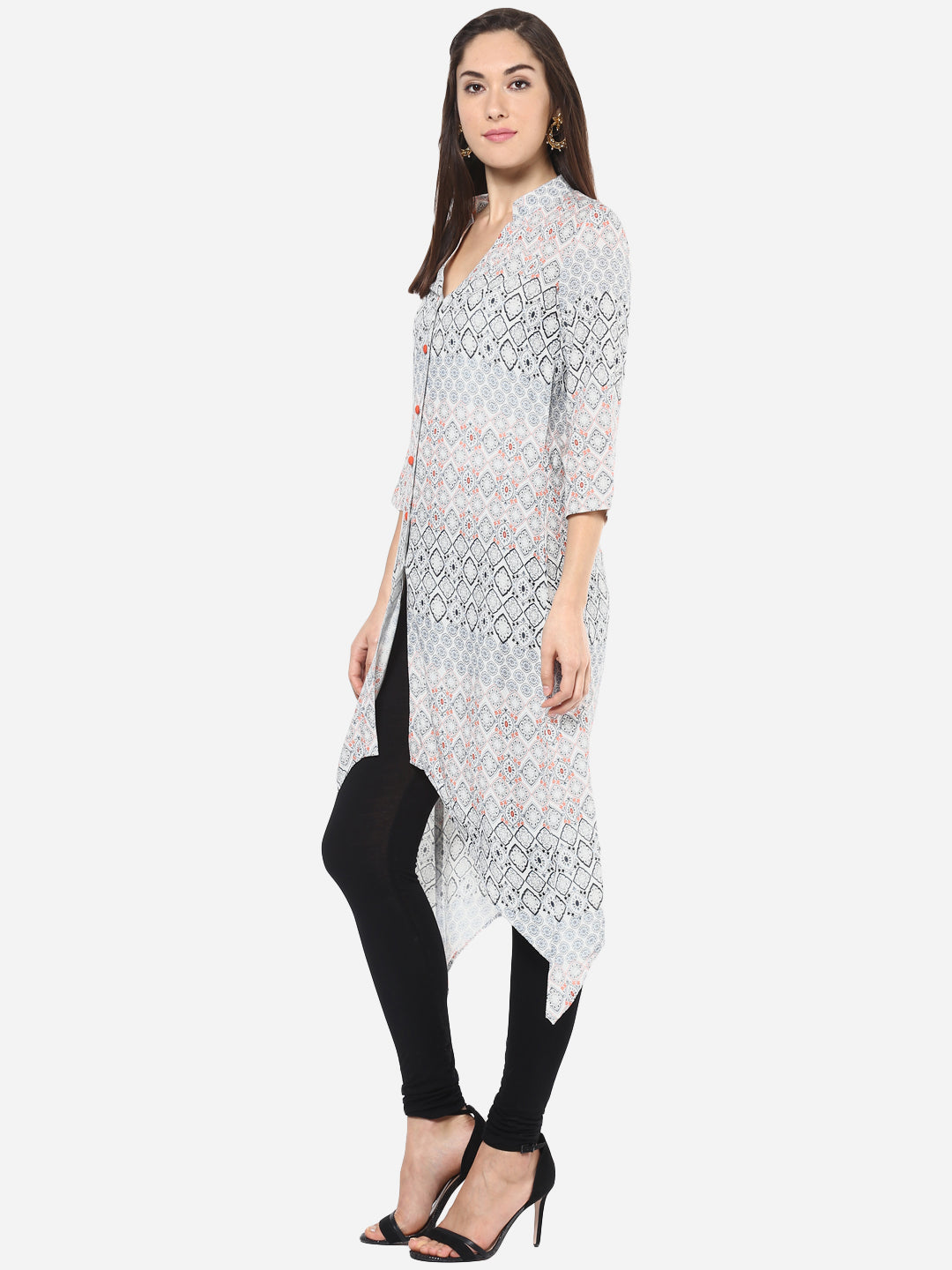 Women's Orange and Grey Front Button Kurti