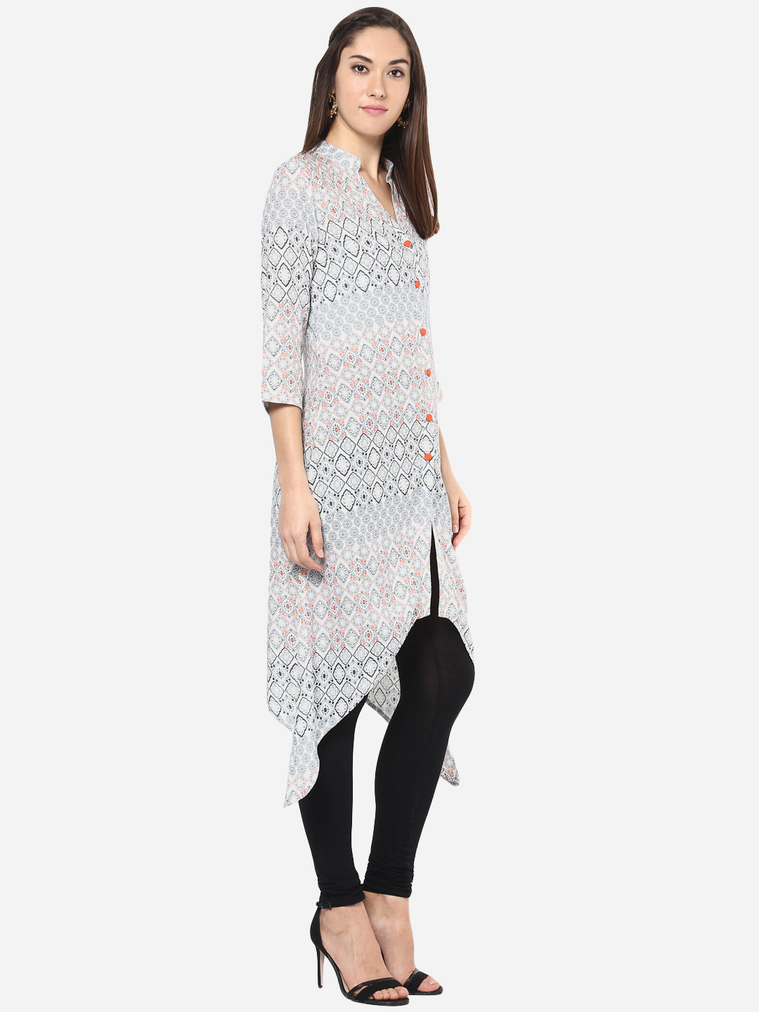 Women's Orange and Grey Front Button Kurti
