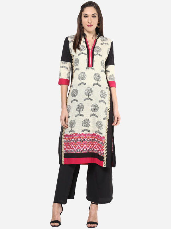 Women's Maroon Black Kurti with Lace embellished panel