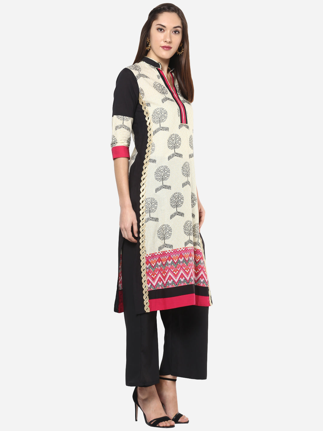 Women's Maroon Black Kurti with Lace embellished panel