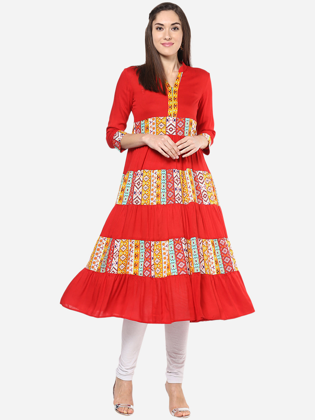 Women's Red and Yellow Multi tiered Anarkali Kurti