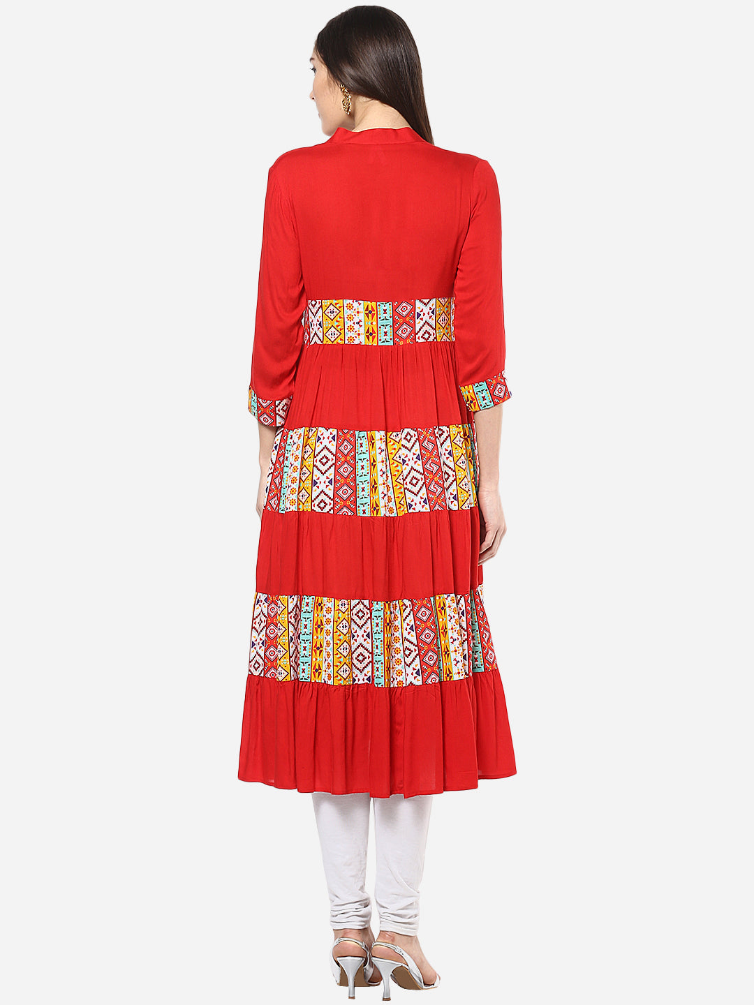 Women's Red and Yellow Multi tiered Anarkali Kurti