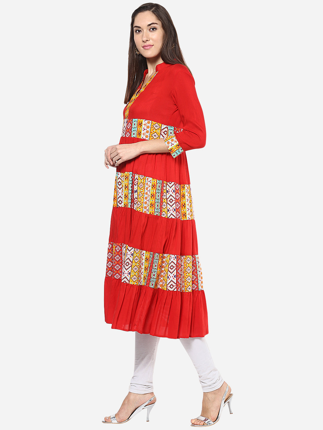 Women's Red and Yellow Multi tiered Anarkali Kurti