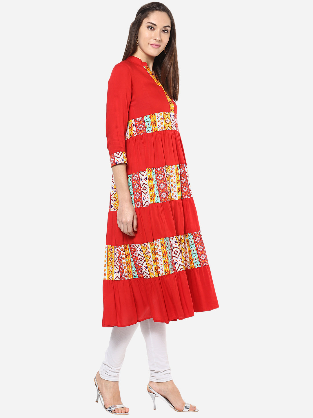 Women's Red and Yellow Multi tiered Anarkali Kurti
