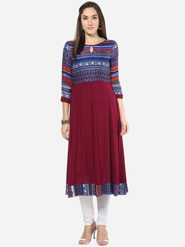 Women's Maroon Blue Anarkali Kurti