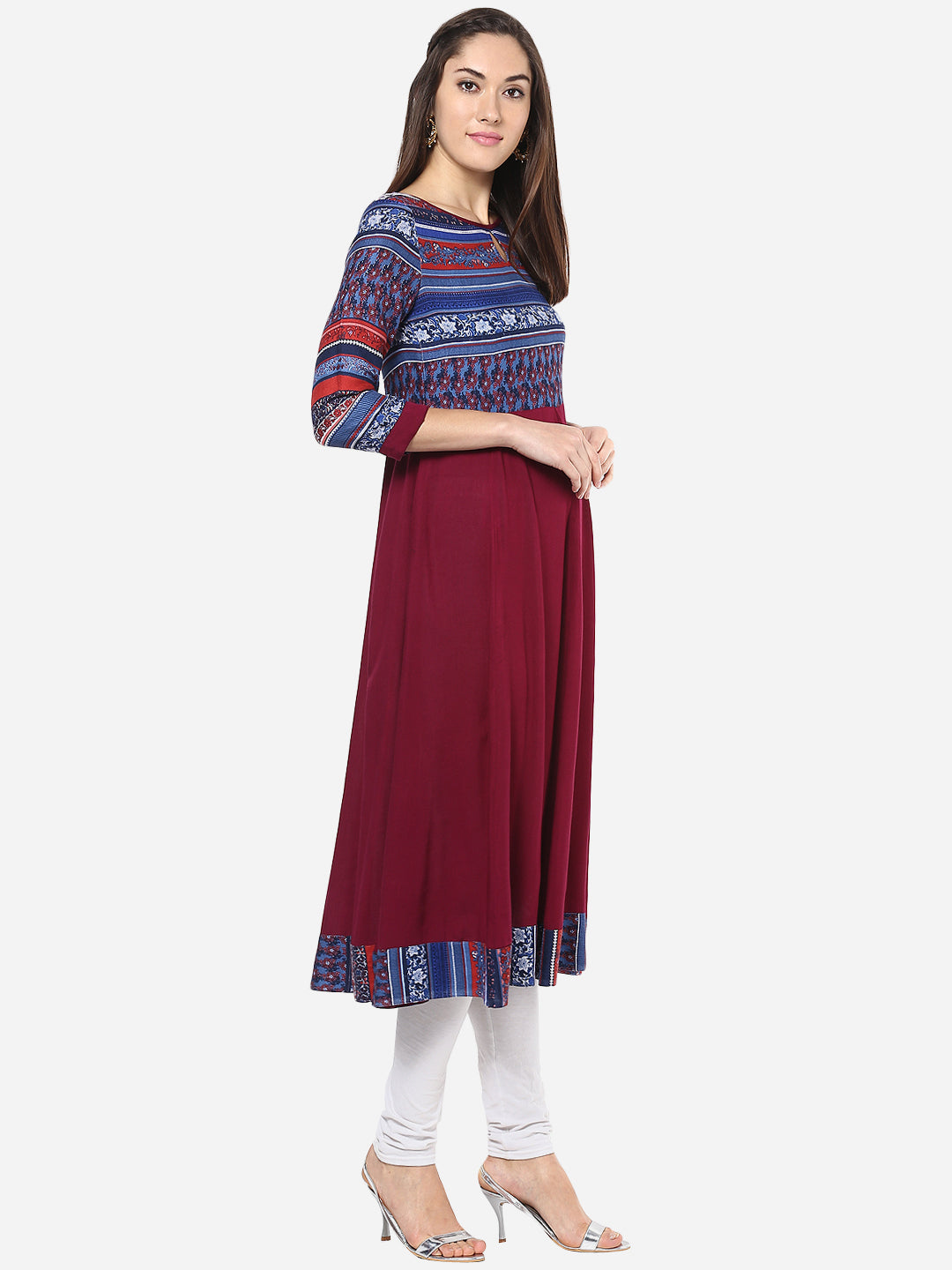 Women's Maroon Blue Anarkali Kurti