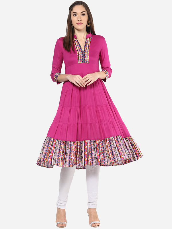 Women's Pink and Multi color tiered Anarkali Kurti