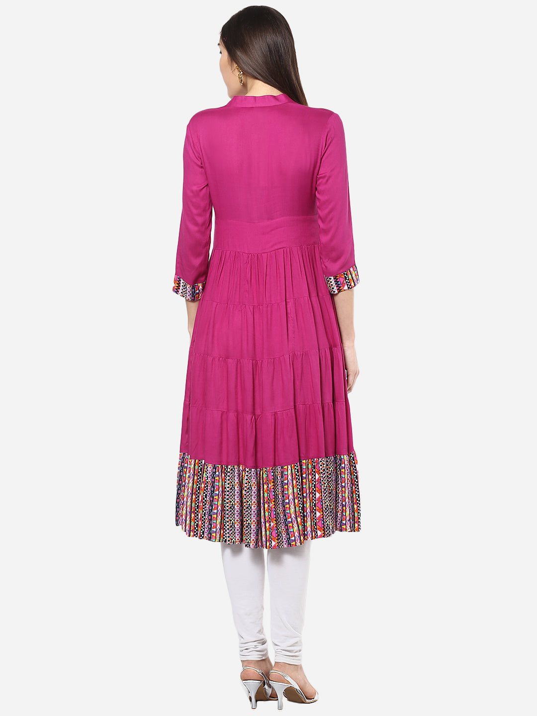 Women's Pink and Multi color tiered Anarkali Kurti