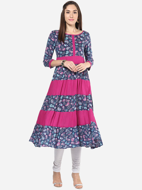 Women's Pink and Blue Multi tiered Anarkali Kurti