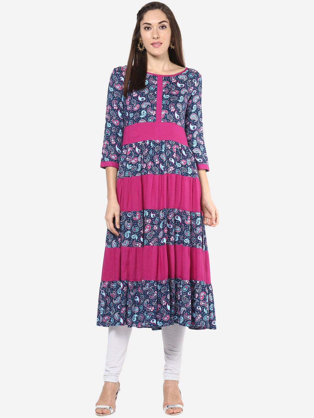 Women's Pink and Blue Multi tiered Anarkali Kurti