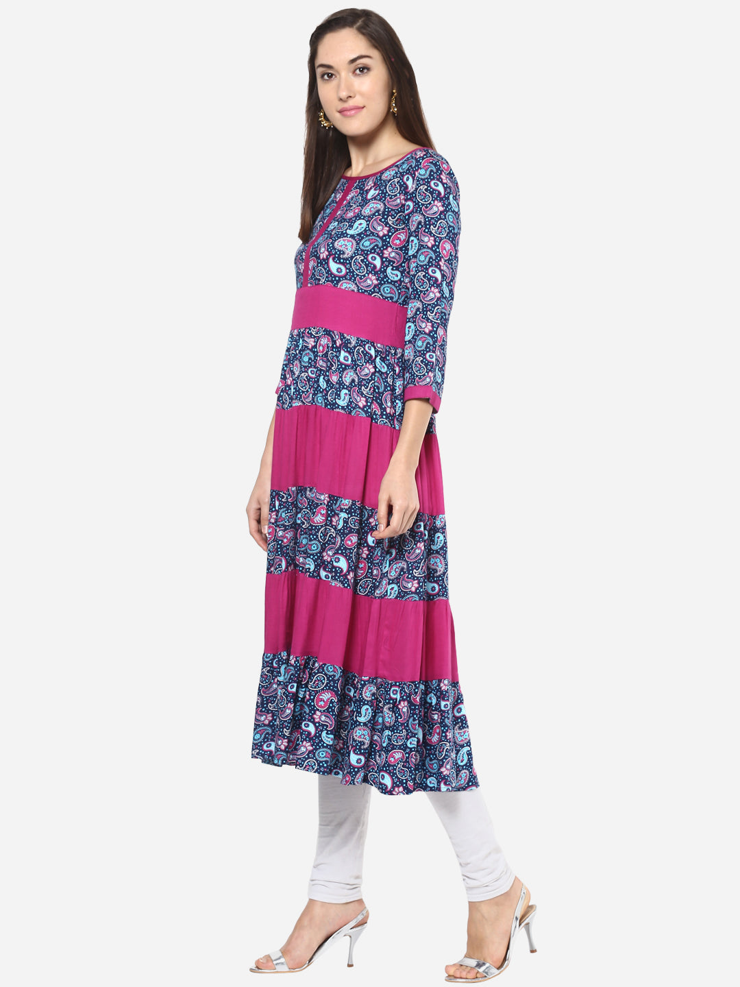 Women's Pink and Blue Multi tiered Anarkali Kurti