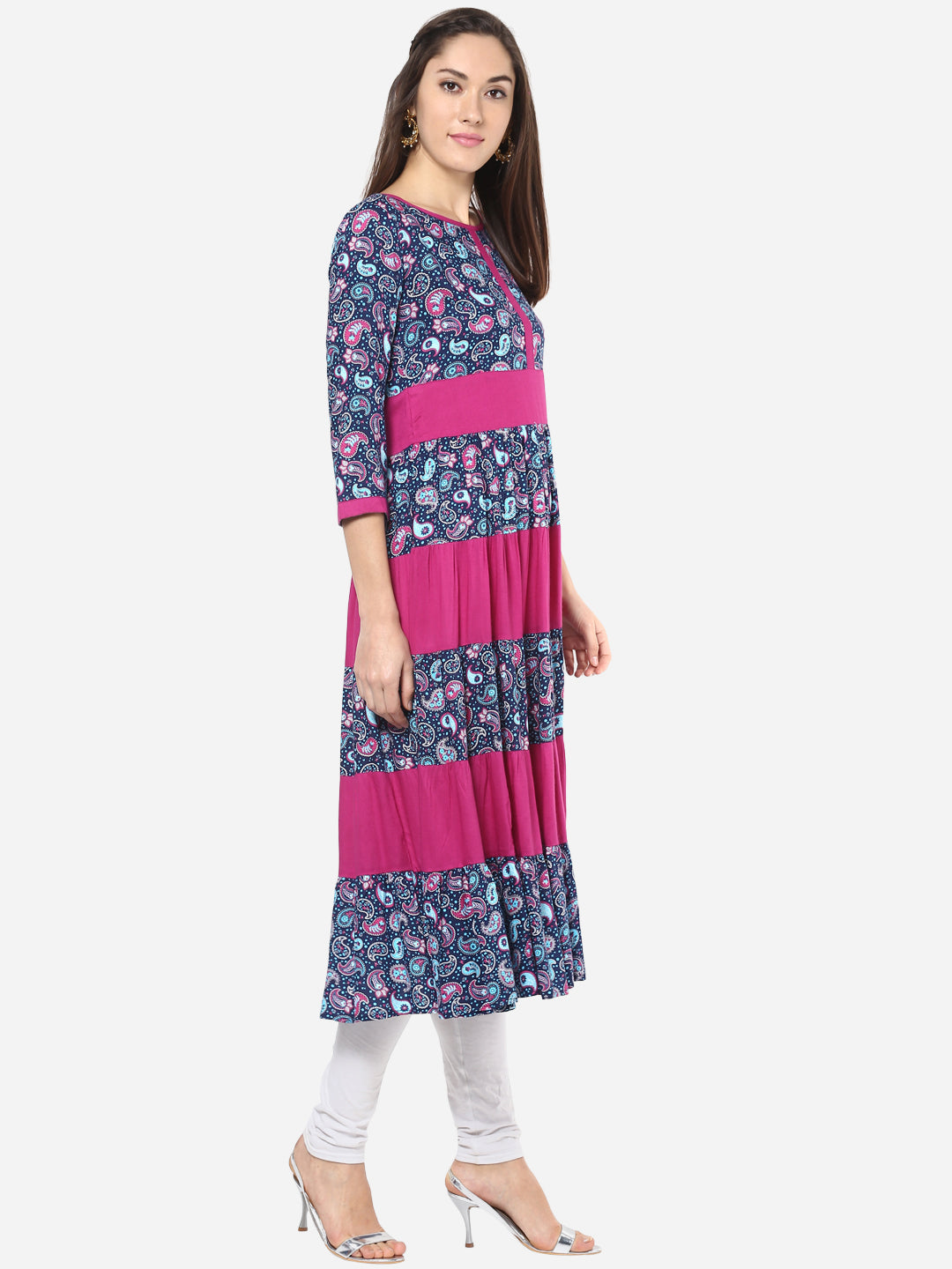 Women's Pink and Blue Multi tiered Anarkali Kurti