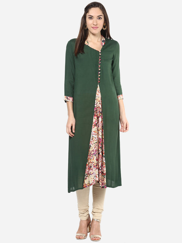 Women's Green and Multi colored Floral Pleated Kurti