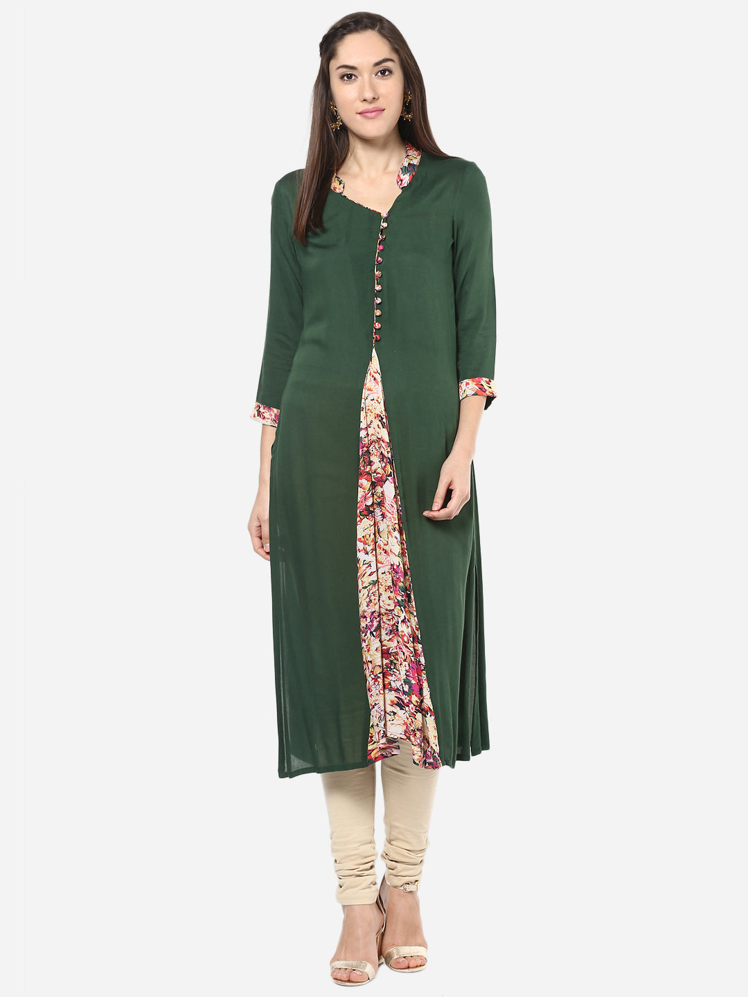 Women's Green and Multi colored Floral Pleated Kurti