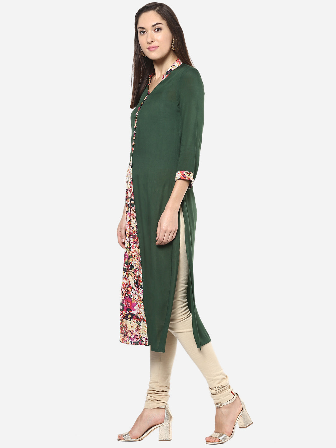 Women's Green and Multi colored Floral Pleated Kurti