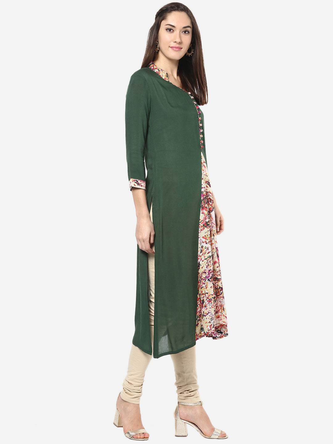 Women's Green and Multi colored Floral Pleated Kurti