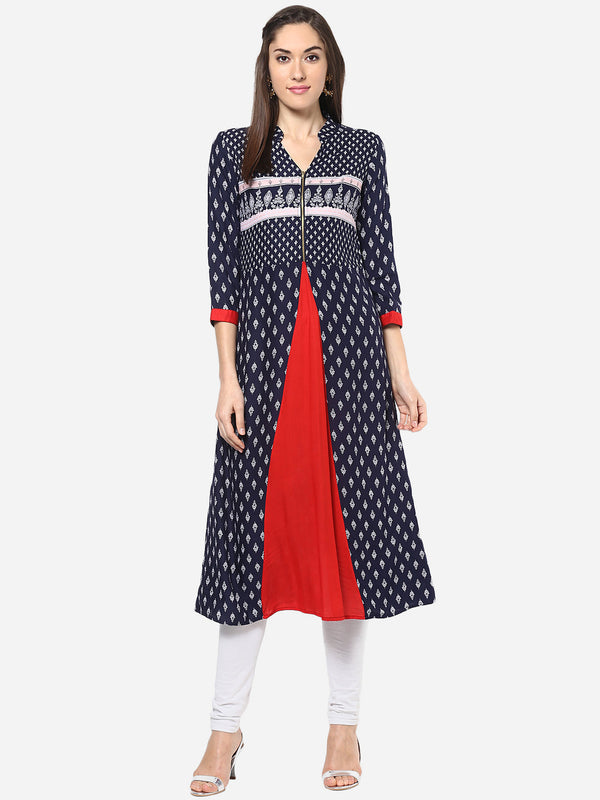 Women's Blue and Red front Pleated Kurti