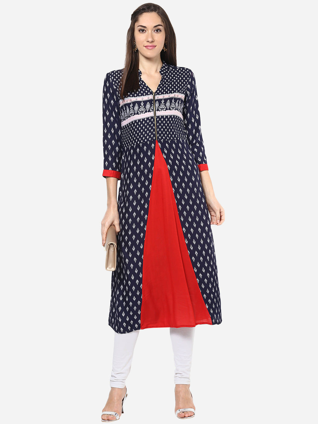 Women's Blue and Red front Pleated Kurti