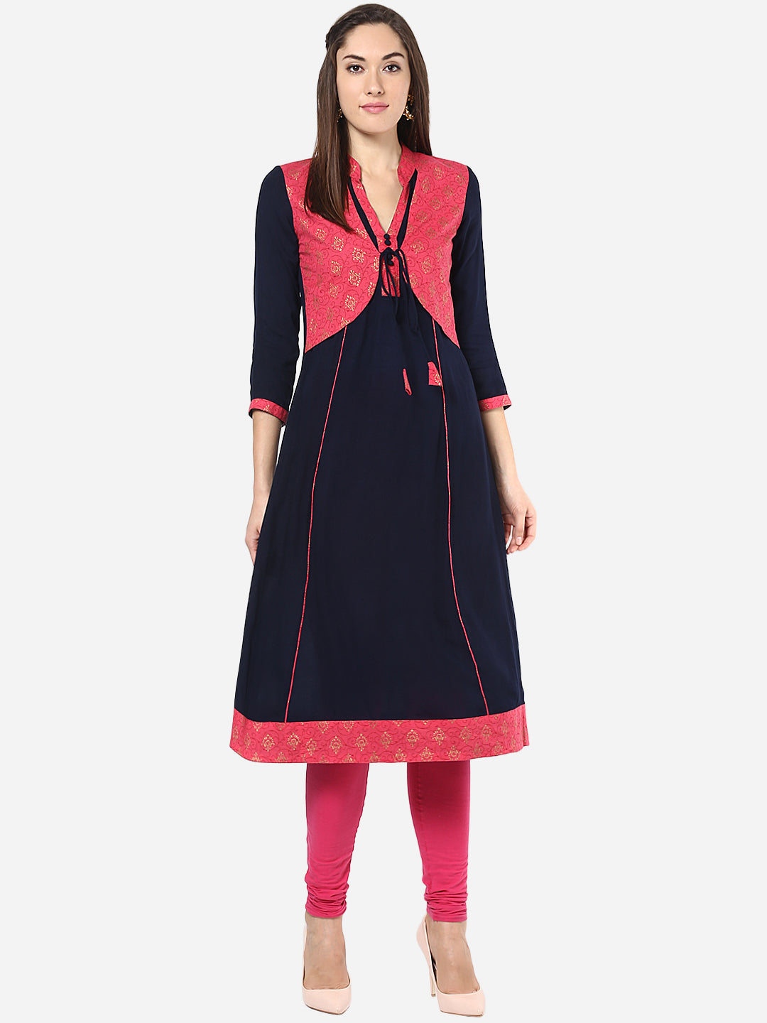 Women's Red and Navy Blue Jacket Style Anarkali Kurti