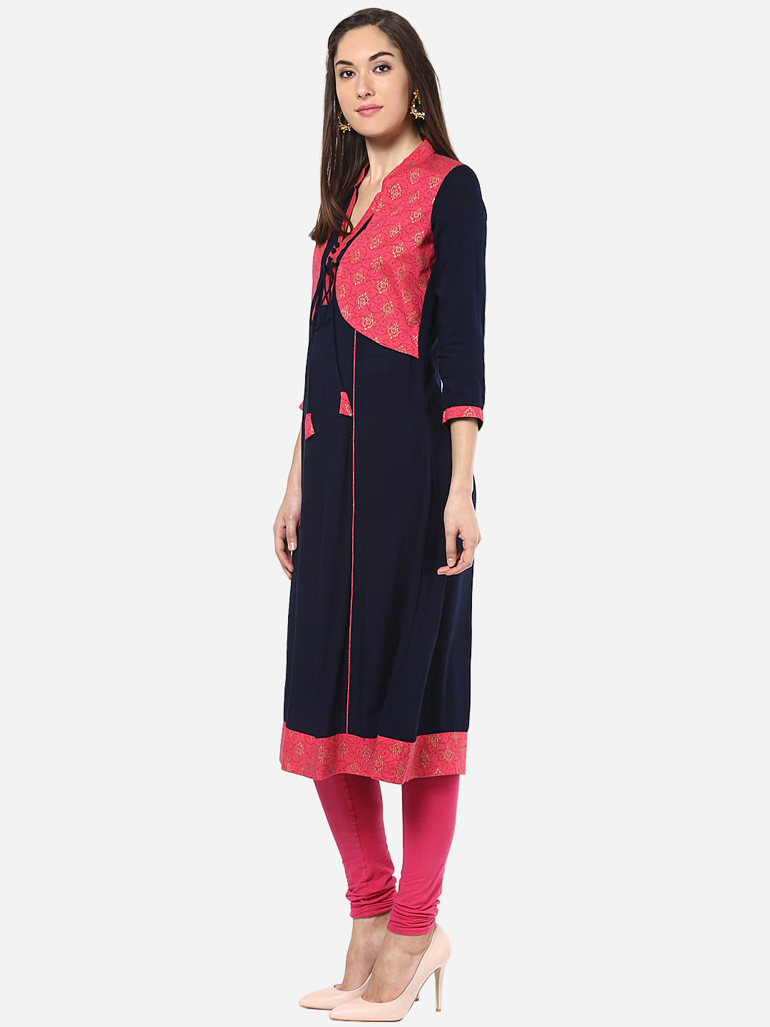 Women's Red and Navy Blue Jacket Style Anarkali Kurti