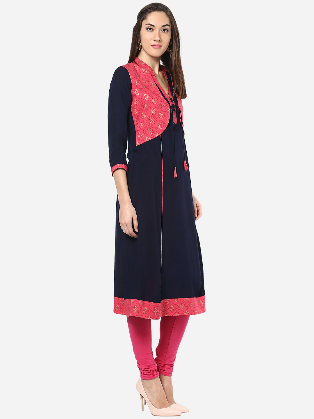 Women's Red and Navy Blue Jacket Style Anarkali Kurti