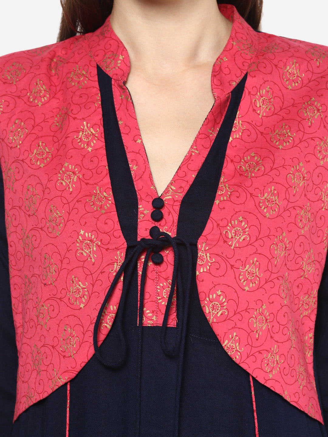 Women's Red and Navy Blue Jacket Style Anarkali Kurti