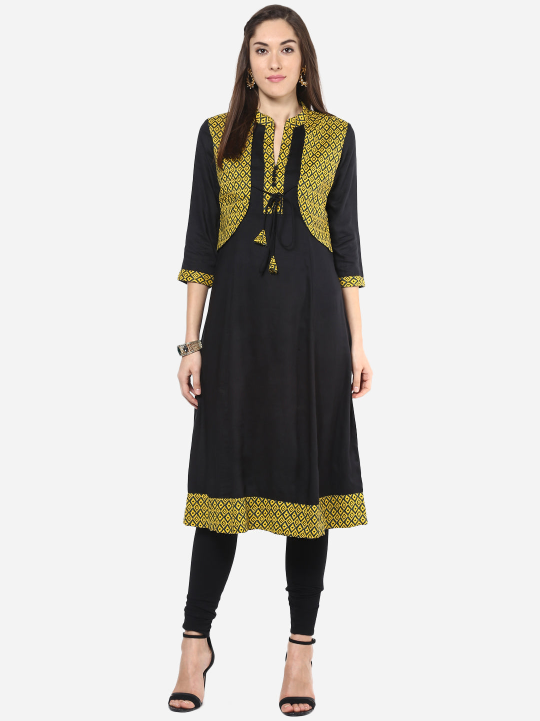 Women's Yellow and Black Jacket style Anarkali Kurti