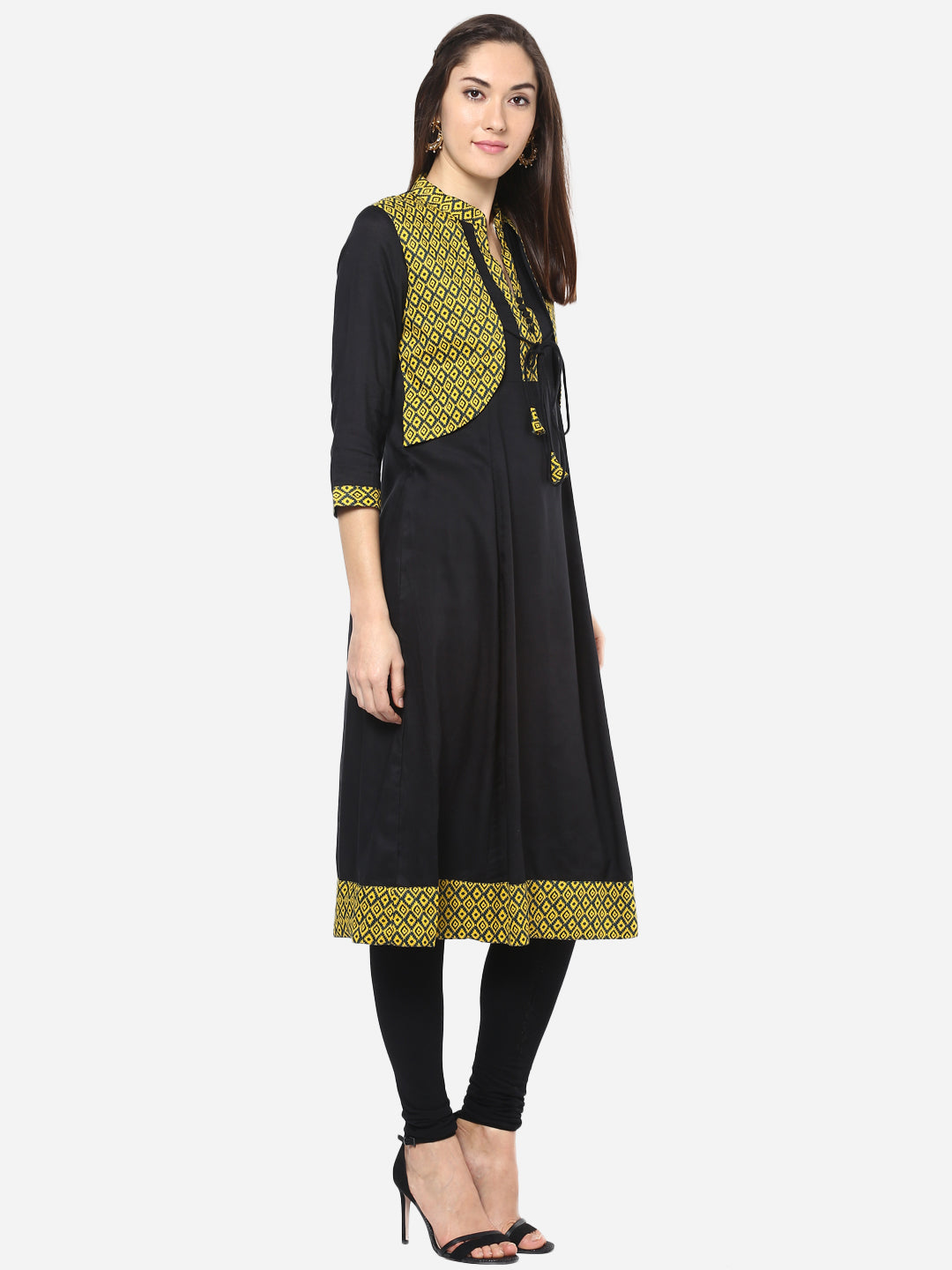 Women's Yellow and Black Jacket style Anarkali Kurti