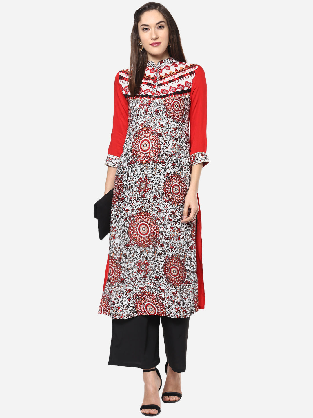 Women's Red and Black Rayon Kurti