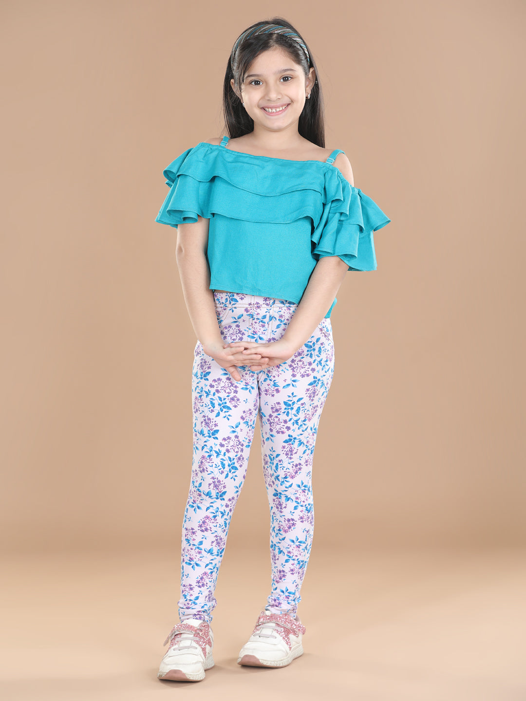 Girls Cotton Floral Printed Jegging and Turquoise Top