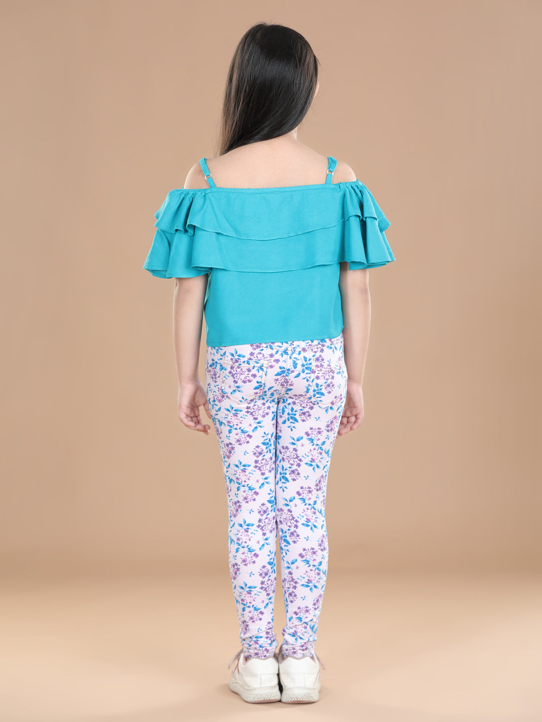 Girls Cotton Floral Printed Jegging and Turquoise Top