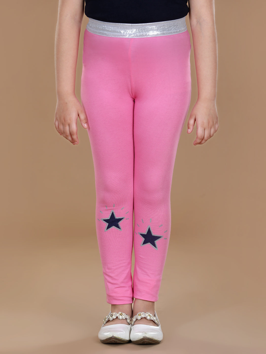 Girls Silver Elasticated Waistband & Star Printed Pink Leggings