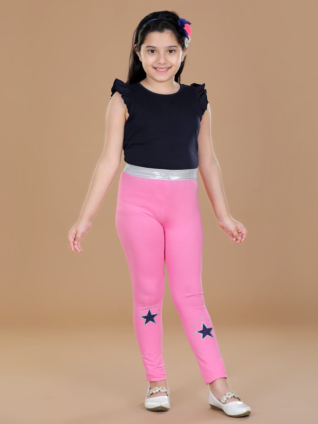 Girls Silver Elasticated Waistband & Star Printed Pink Leggings