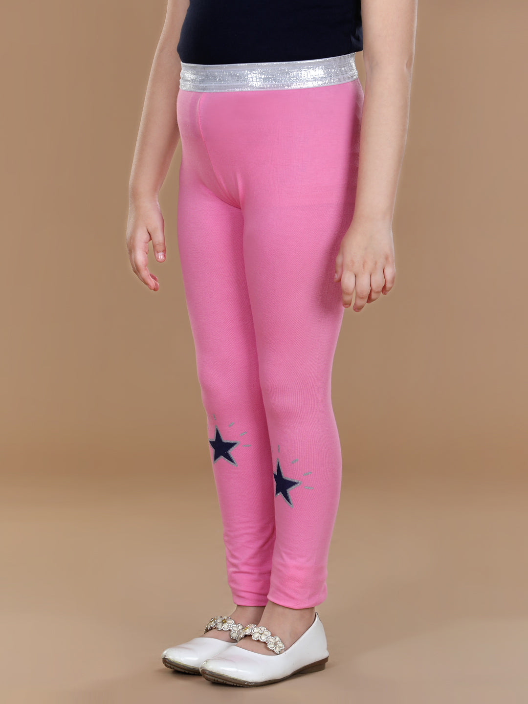 Girls Silver Elasticated Waistband & Star Printed Pink Leggings