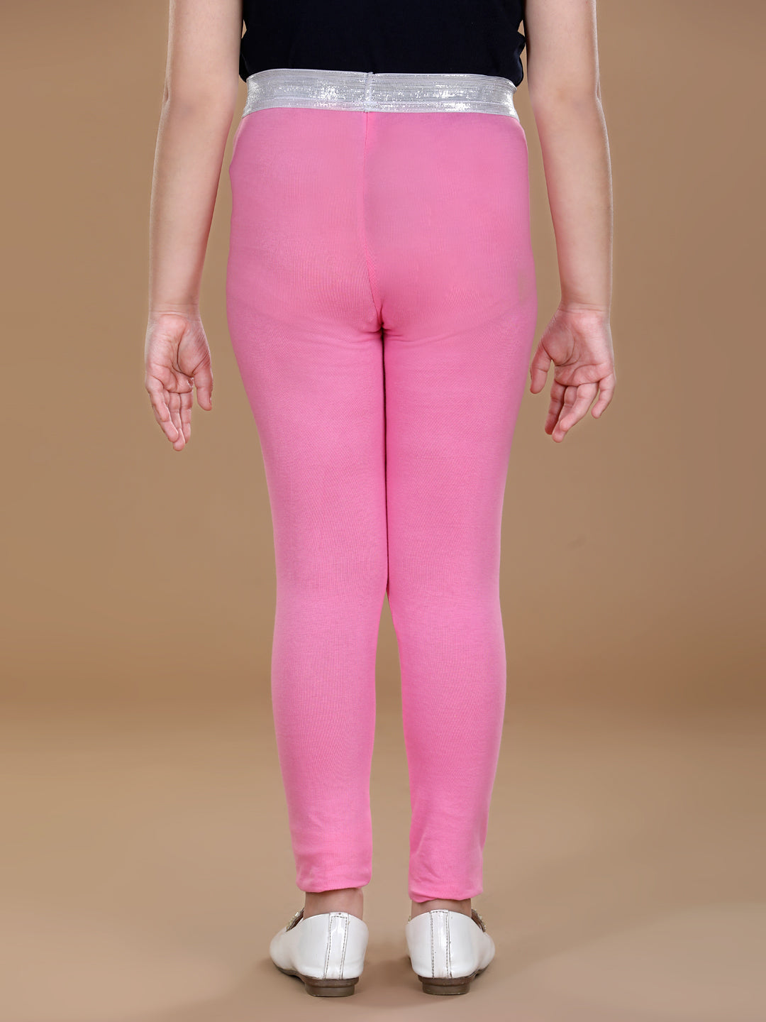 Girls Silver Elasticated Waistband & Star Printed Pink Leggings