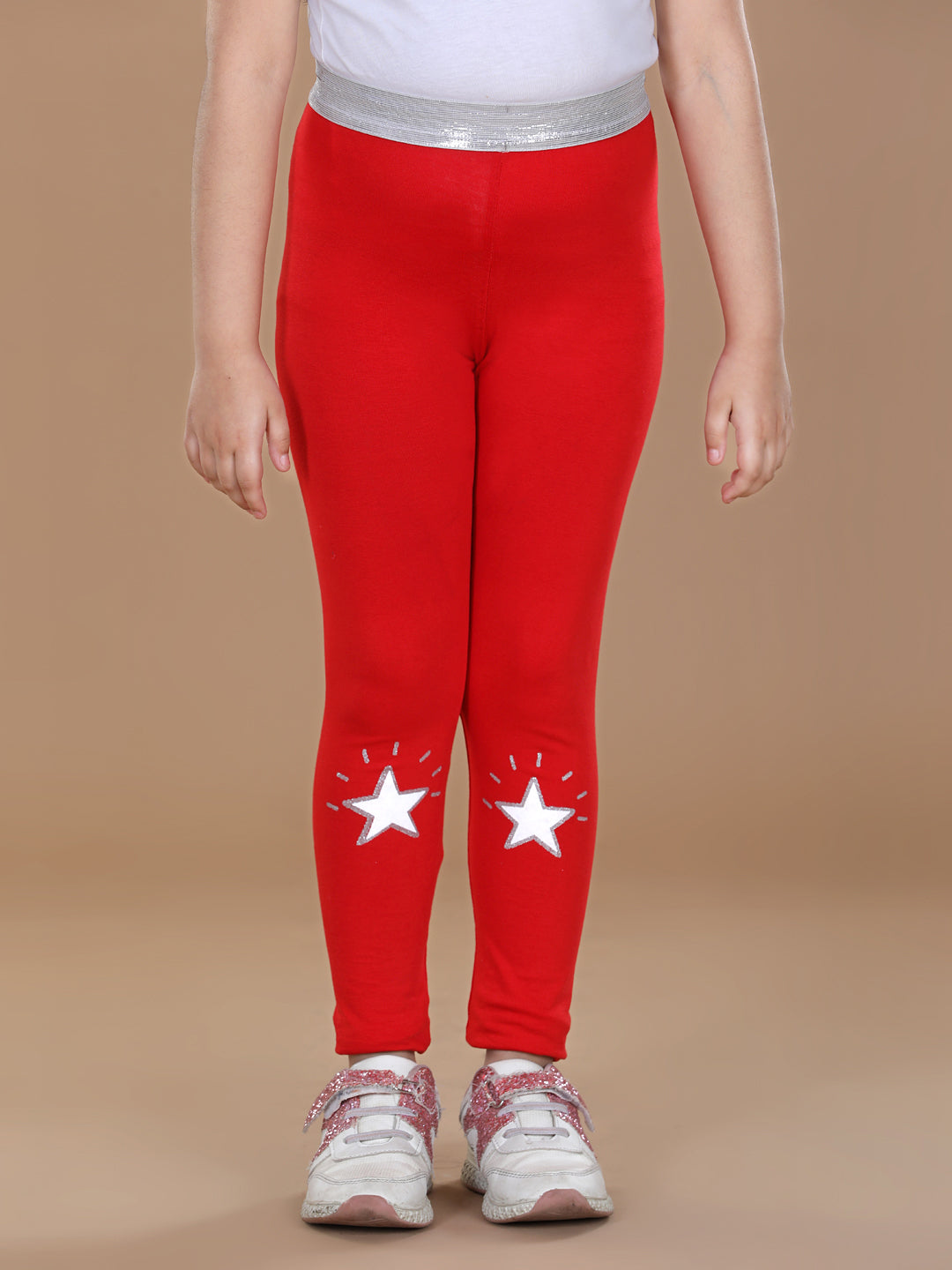 Girls Silver Elasticated Waistband & Star Printed Red Leggings