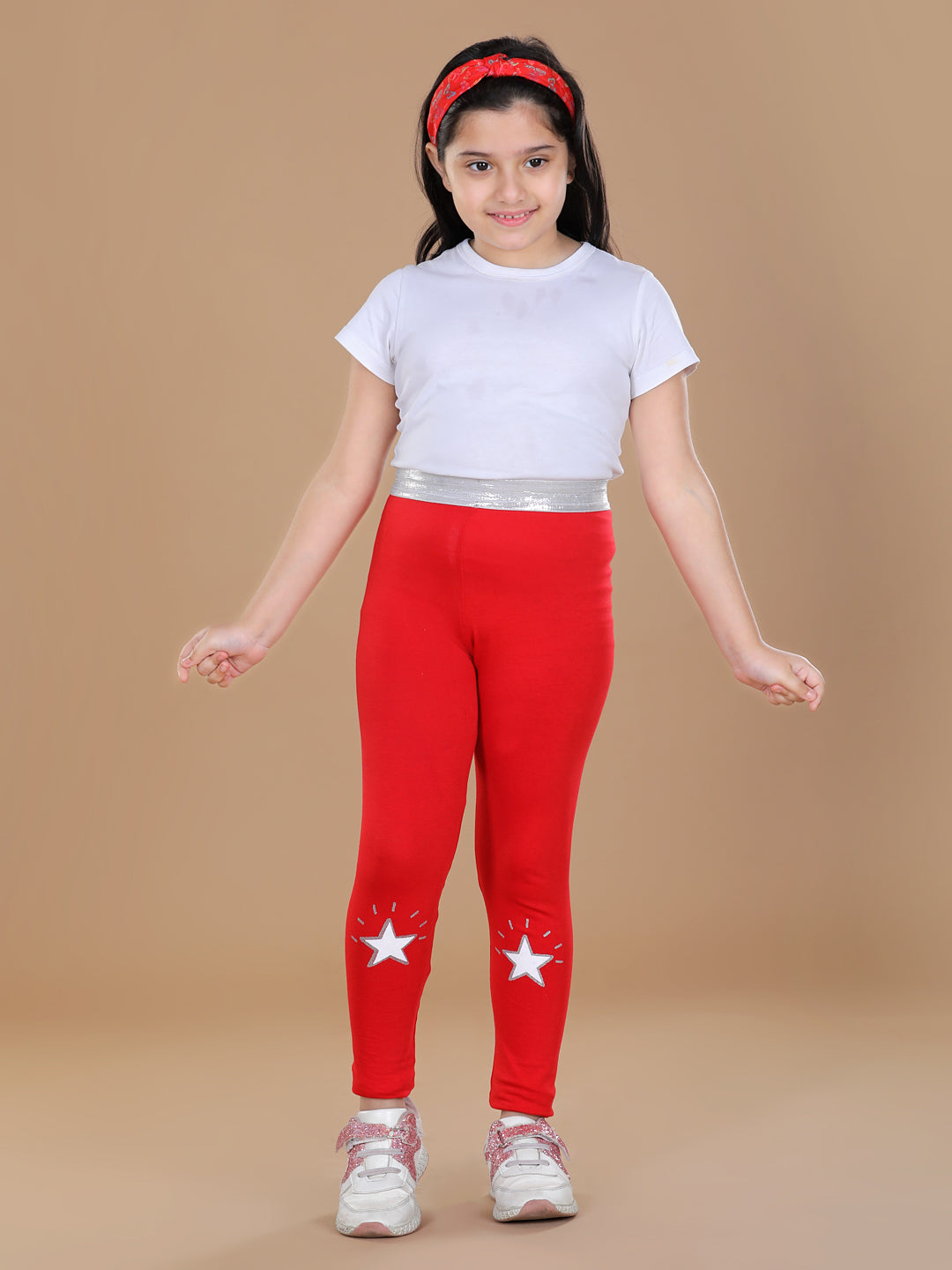 Girls Silver Elasticated Waistband & Star Printed Red Leggings