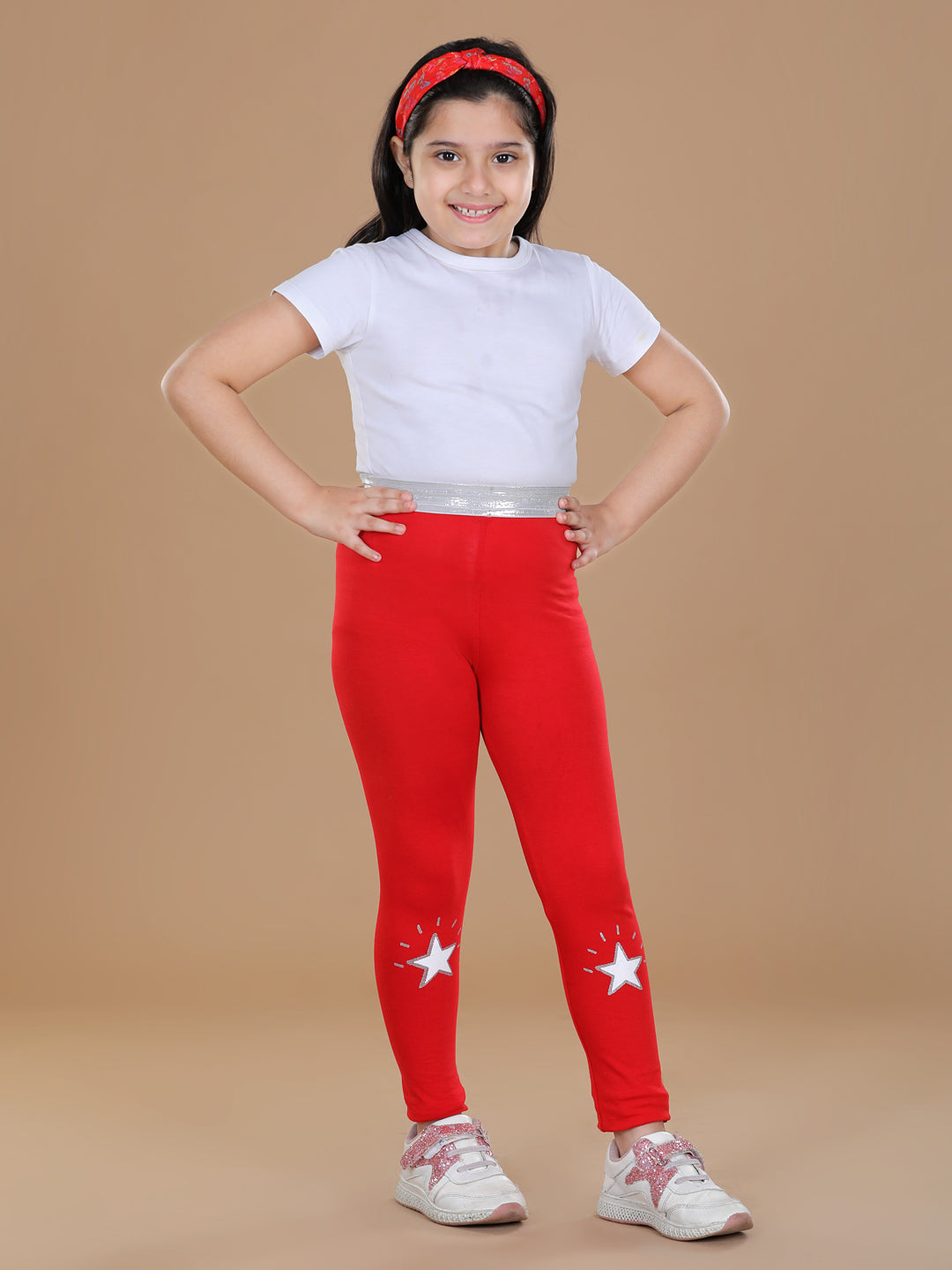 Girls Silver Elasticated Waistband & Star Printed Red Leggings