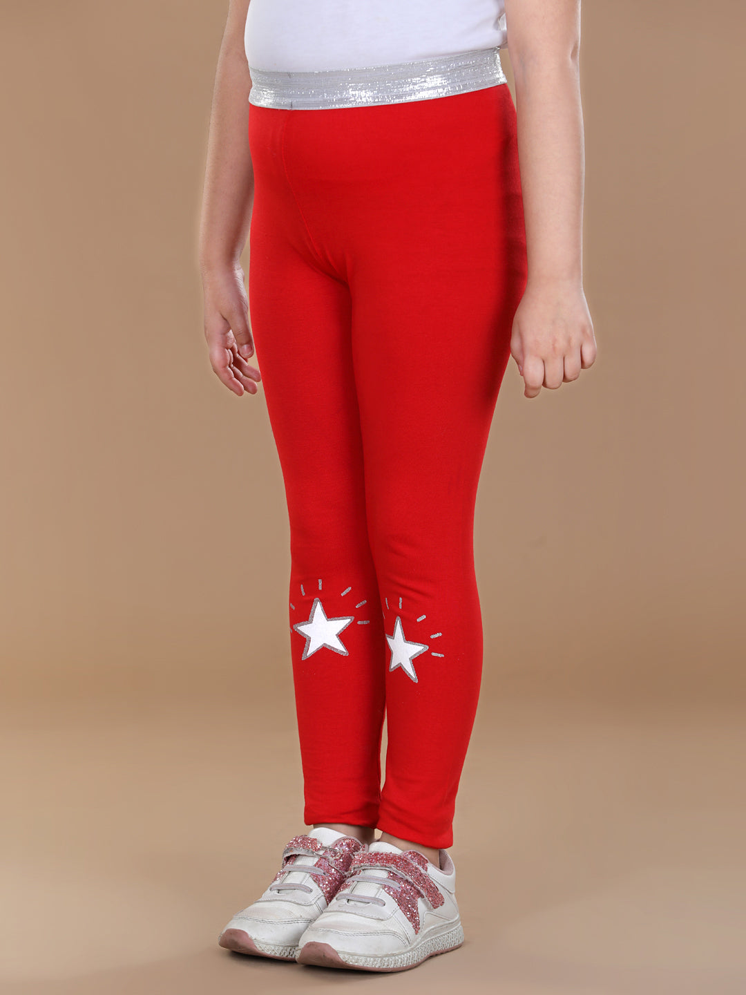 Girls Silver Elasticated Waistband & Star Printed Red Leggings