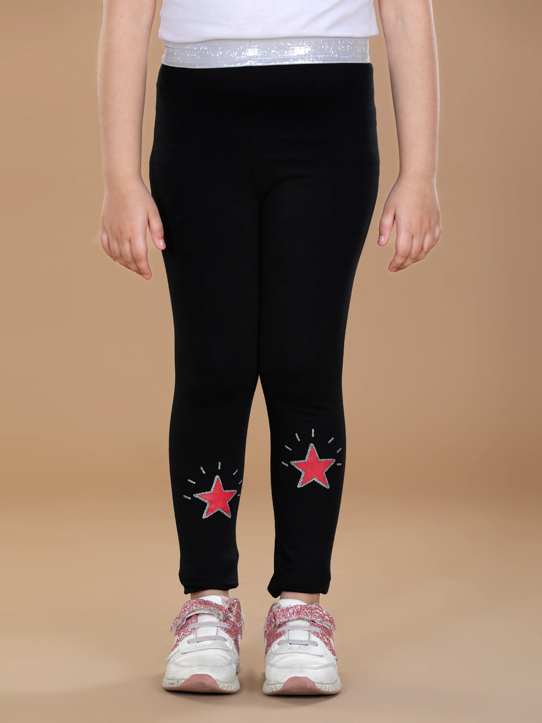 Girls Silver Elasticated Waistband & Star Printed Black Leggings –  Stylestone