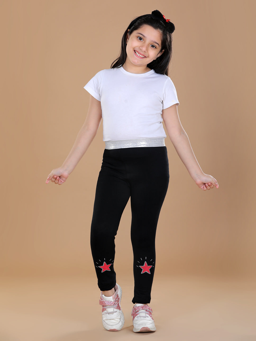 Girls Silver Elasticated Waistband & Star Printed Black Leggings